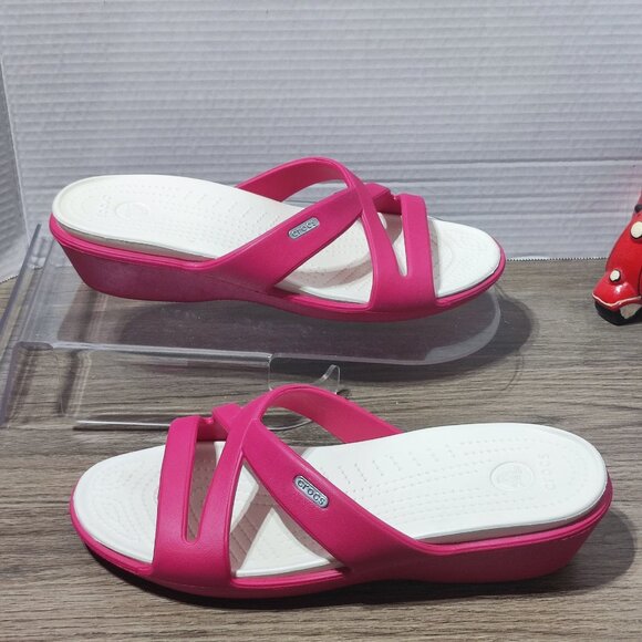 Crocs Low Wedge Slides Size 10 pink white Strappy Slip On Summer Comfort Sandals - Picture 1 of 12